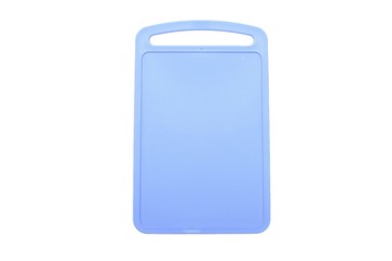Colored blue plastic cutting board, ionized on white background