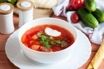 Ukrainian and russian national red borscht of vegetables and meat