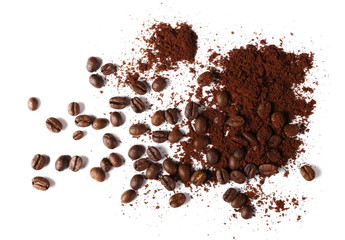 Pile of powdered, instant coffee and beans isolated on white background, top view