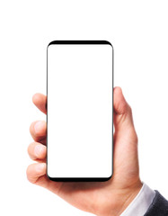 Modern bezel-less smartphone with blank screen in male hand isolated on white background
