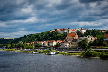 Obraz premium Pirna city over the Elbe river in Saxon Switzerland, Germany