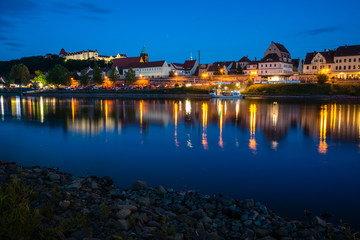 Night view of the Pirna city over the Elbe river in Saxon Switzerland, Germany