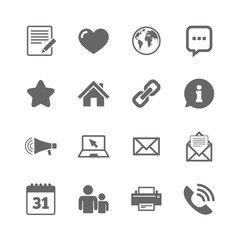 Set of Communication, Conference and Information icons. E-Mail, Printer and Internet signs. Speech bubble, Support and Phone call symbols. Isolated flat icons set on white background. Vector