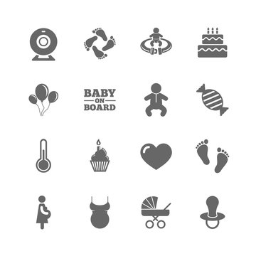 Set of Maternity, Pregnancy and Baby care icons. Video monitoring, Child and Pacifier signs. Footprint, Birthday cake and Newborn symbols. Isolated flat icons set on white background. Vector