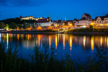 Night view of the Pirna city over the Elbe river in Saxon Switzerland, Germany