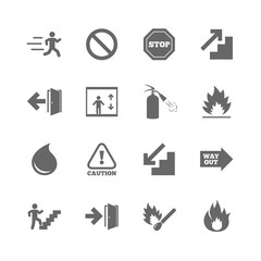 Set of Emergency, Fire safety and Protection icons. Extinguisher, Exit and Attention signs. Caution, Water drop and Way out symbols. Isolated flat icons set on white background. Vector