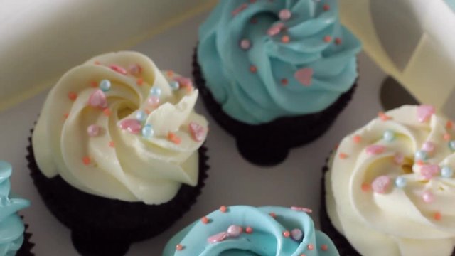 Sliding camera shooting. Close-up of blue and white cream on mafin. Icing sugar being sieved on pink frosted cupcake in slow motion
