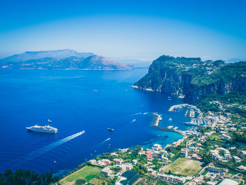 Capri town on Capri island, Campania, Italy. Capri is an island in the Tyrrhenian Sea off the Sorrentine Peninsula, on the south side of the Gulf of Naples in the Campania region of Italy.