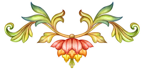 watercolor illustration, red flower, green leaves, antique border, medieval floral ornament, vintage pattern, clip art isolated on white background
