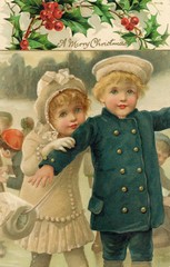 Christmas: Boy and girl play outdoors. Date: circa 1900