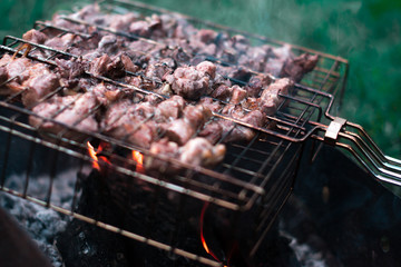 Barbecue cooking in the forest on a blurred background.