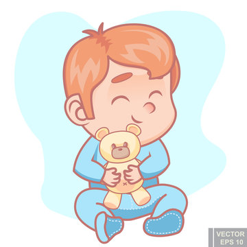 Vector - illustration of cute cartoon baby boy in pajamas with teddy bear happy infant child