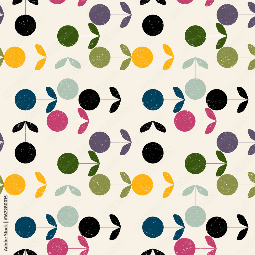 Poster Modern vector abstract seamless geometric pattern with stylized flowers and leaves in retro scandinavian style.