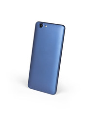 Blue mat mobile smart phone standing on white background viewed from back side. Isolated with clipping path