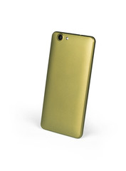 Gold mat mobile smart phone standing on white background viewed from back side. Isolated with clipping path