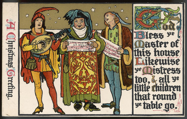 Medieval singers singing carols. Date: 1911