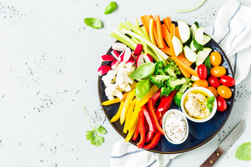 Vegetarian snacks plate -  colorful vegetables and dips