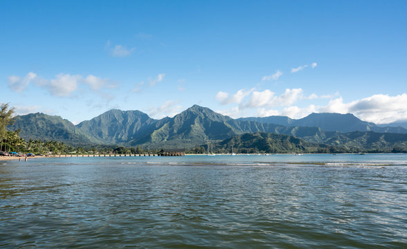 Afternoon view of  Hanalei Bay and Pier on Kauai Hawaii