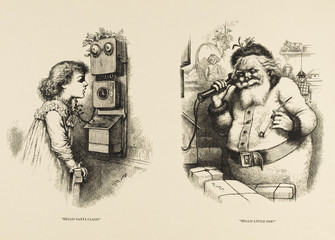 Father Christmas on the telephone. Date: circa 1870