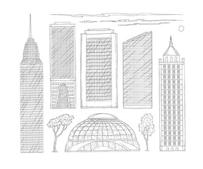 Fototapeta premium Vector black and white set of sketch illustration of high-rise urban office and public buildings. A kit drawn lines of skyscrapers of a modern metropolis, trees and clouds.
