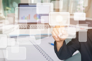 Double exposure of business man pushing on graphic icon