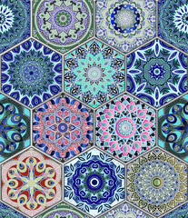 Oriental seamless pattern in style of colorful floral patchwork boho chic with mandala in hexagon elements