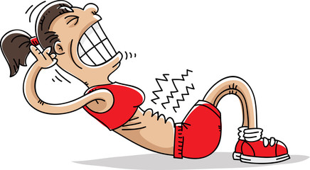 A cartoon woman straining and she exercises by doing situps.