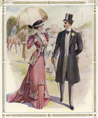 Couple at the races in a costume brochure. Date: 1905