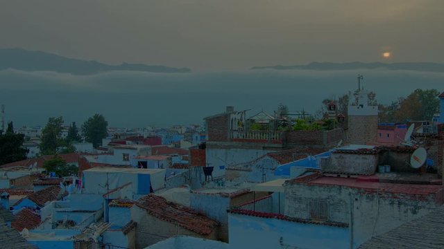 Beautiful sunset time lapse above African blue city Chefchaouen in Moroco, Chaouen