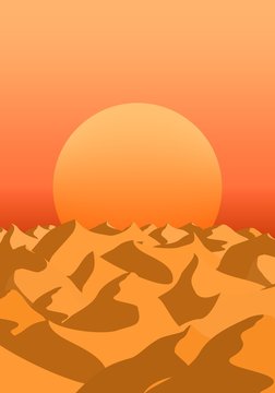 Summer morning landscape with exit orange sun over the horizon of the desert with sand dunes with shadow 