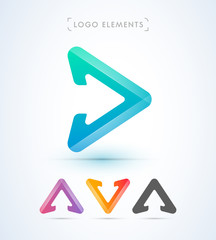 Play and arrow sign logo elements. Origami paper style, material design. Letter A and V