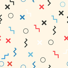 Multicolored seamless pattern with different figures. Vector abstract chaotic texture with geometrical shapes. Background.