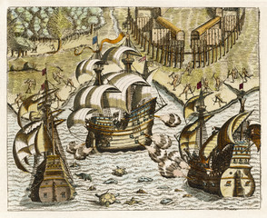 Spanish Galleons Firing. Date: circa 1550