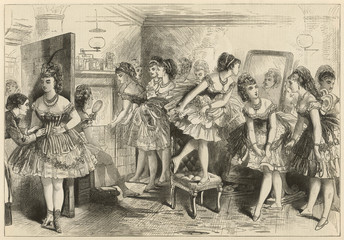 Fototapeta na wymiar Ballet dancers in their dressing room. Date: 1871