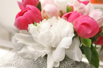 Bouquet of beautiful colorful peony flowers, closeup