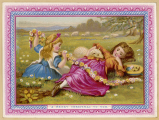 Obraz premium Card - Girls in Field. Date: circa 1880