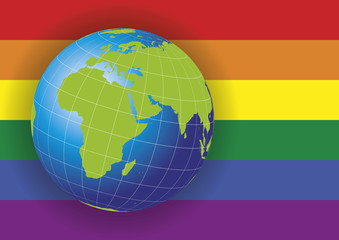 Europe and Africa map over a gay flag background