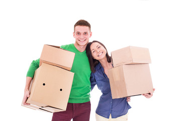 Happy smiling delivery man and woman carrying boxes isolated on white background