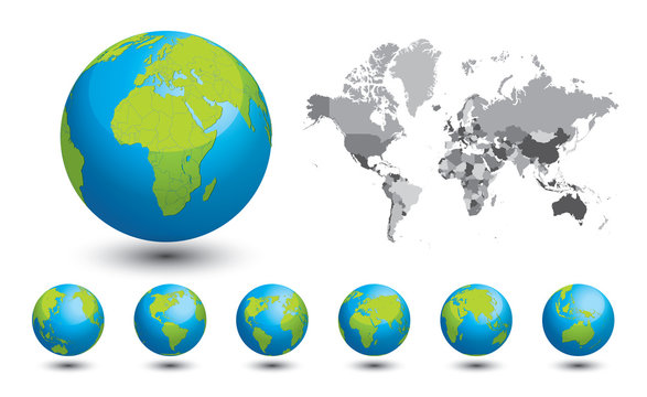 Black and white map of the world. A set of globes with different continents