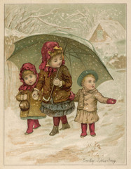 Children Walk in Snow. Date: circa 1880