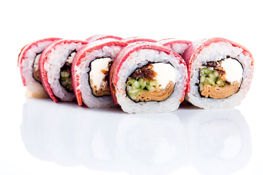 sushi rolls on white background isolated. Traditional Japanese cuisine