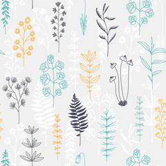 Seamless vector floral pattern, vector doodle illustration, flower and leaves background