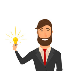 Businessman holding a light bulb. New idea for business. New idea for a startup. Vector illustration in flat style