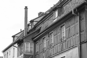 Black and white photo of a building in Colmar, Alsace, France