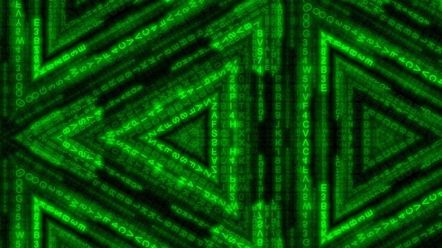 Kaleidoscope view of random symbols falling down (code rain): a popular sci-fi movie effect; obscure technology; computer source code, hacking, AI takeover.
