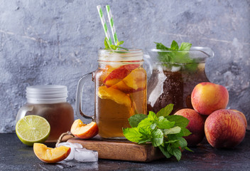 Peach ice tea in the jars