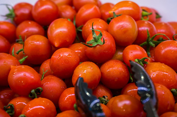 Buffet restaurant. Fresh red wet tomatoes lie on the plates.