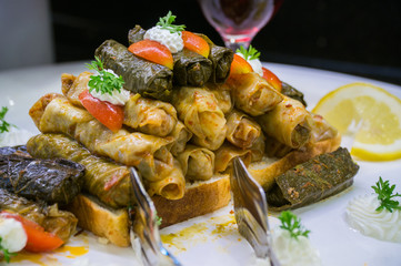 Buffet restaurant. Various snacks lie on the plates.