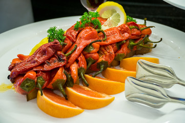 Buffet restaurant. Various snacks lie on the plates.