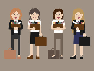 Four young happy trendy businesswomen looking for new job wearing suits and ties with cases, isolated on brown background